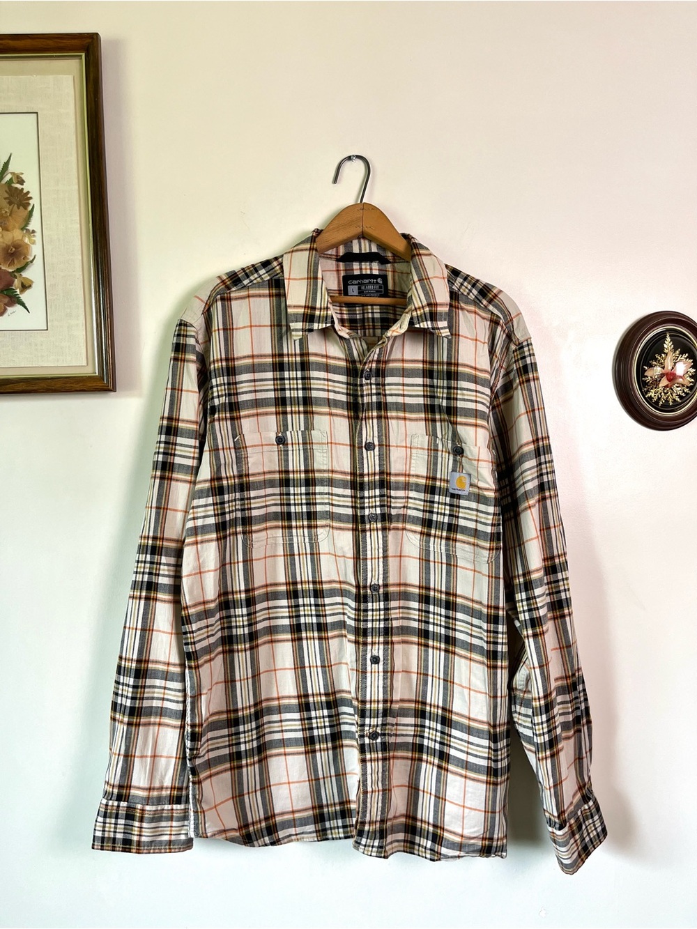 Carhartt Plaid Button Up Cream And Orange Large